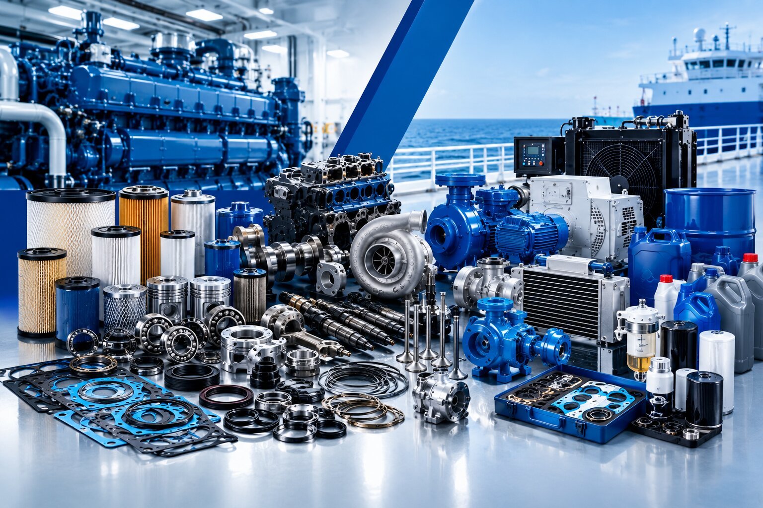 Marine engine parts and ship machinery supplies including filters, gaskets, pistons, pumps, generators and overhaul components