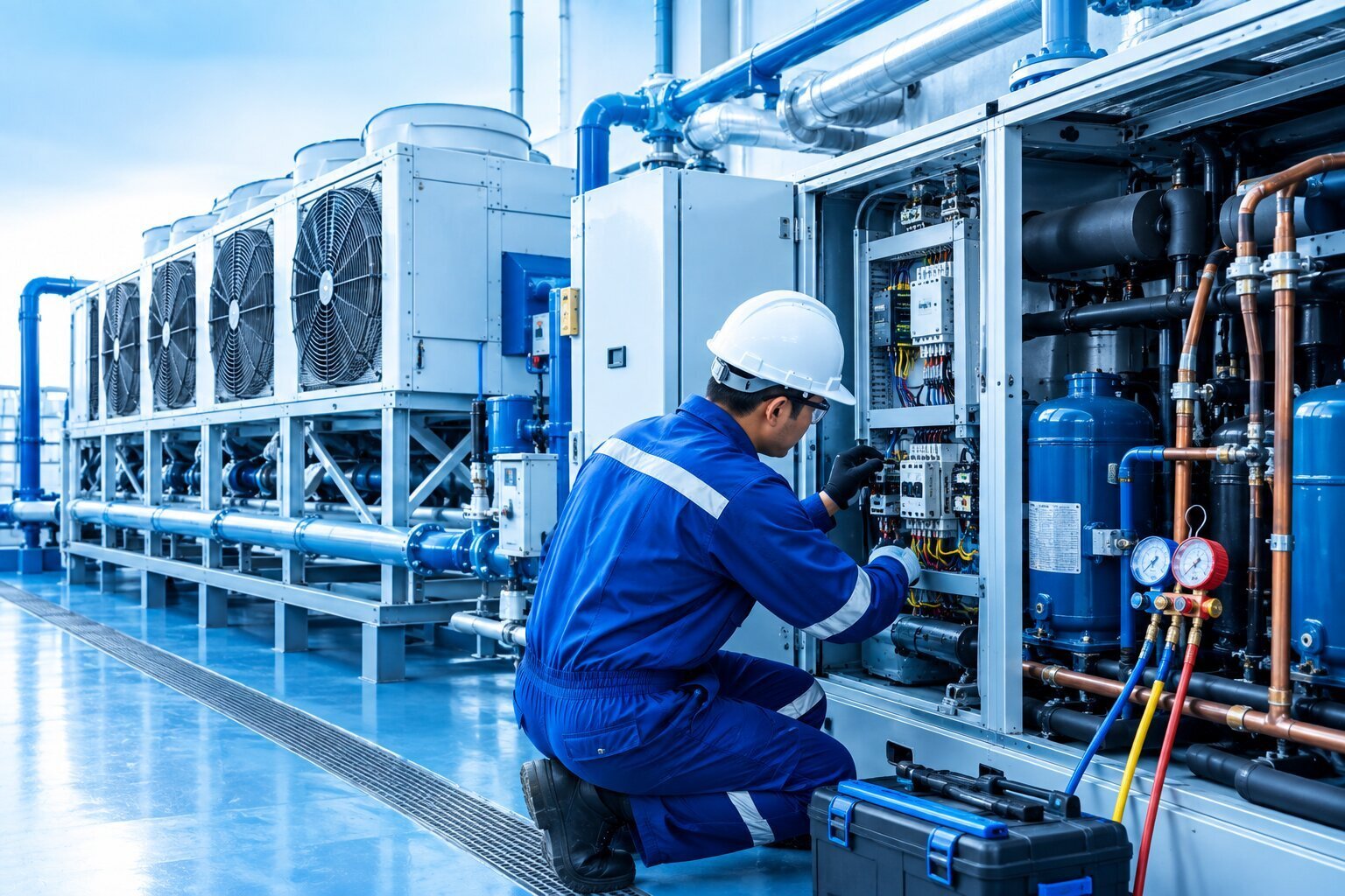 Marine HVAC and refrigeration service technician inspecting ship cooling equipment